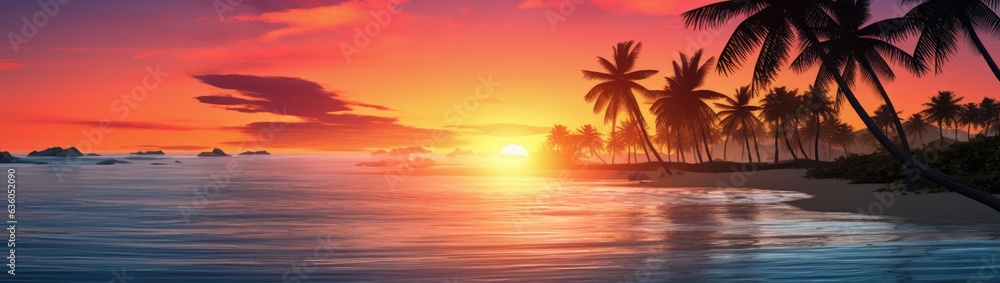 tropical sunset palm trees and ocean Generative AI