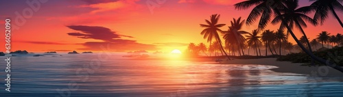 tropical sunset palm trees and ocean Generative AI