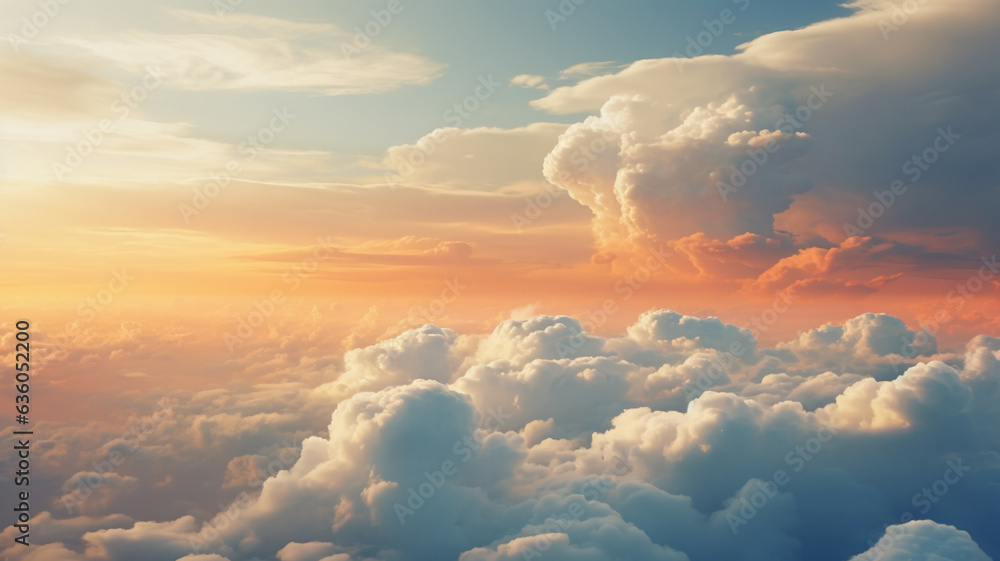 Sunny sky abstract background, beautiful cloudscape, on the heaven, view over white fluffy clouds, AI Generative.