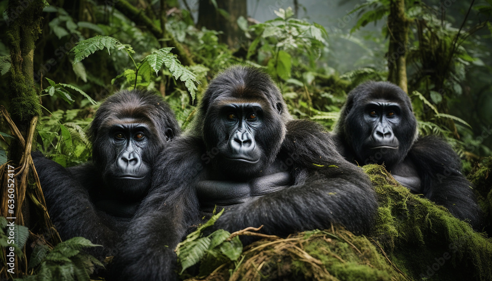A Troop of Mountains Gorillas Sits in the Jungles of Rwanda