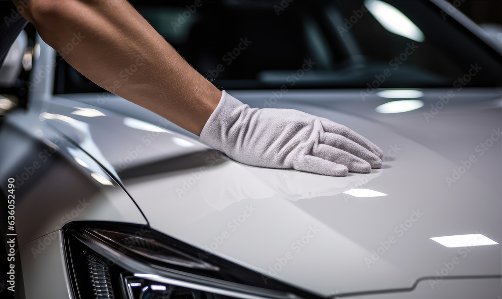 A man cleaning car with microfiber cloth, car detailing concept. Selective focus. A man cleaning car with microfiber cloth, car detailing concept. Selective focus.