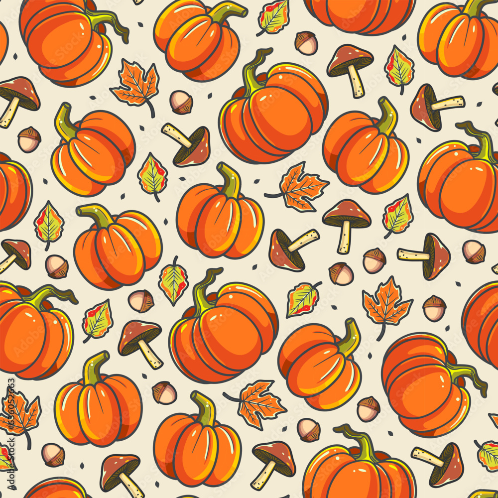 Autumn vibes - seamless pattern of cute pumpkins, fresh mushrooms and colorful fallen leaves