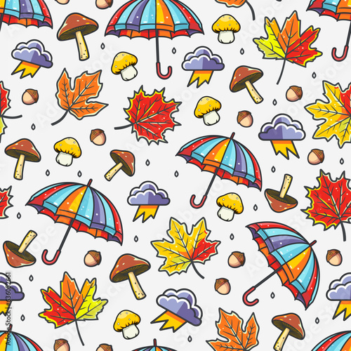 Autumn vibes - rainy day, cute umbrellas, fresh mushrooms and colorful leaves
