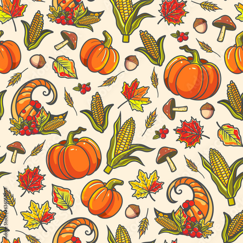 Autumn vibes - seamless pattern of reach fresh harvest, cornucopia, mushrooms and fallen leaves