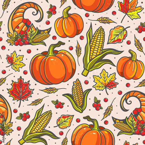 Autumn vibes - seamless pattern of reach fresh harvest, cornucopia, mushrooms and fallen leaves