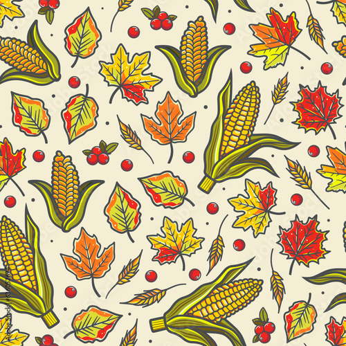 Autumn vibes - seamless pattern of reach fresh harvest and fallen leaves
