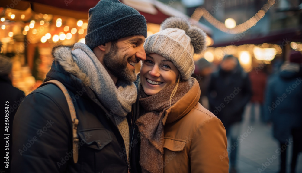Young couple having fun in Christmas market. Beautiful woman and handsome man smiling. There is romance in the air. Bokeh background.