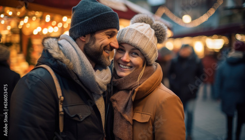 Young couple having fun in Christmas market. Beautiful woman and handsome man smiling. There is romance in the air. Bokeh background.