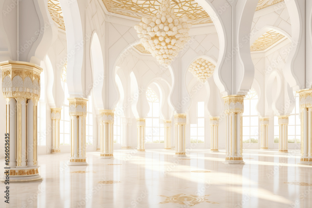 White Golden Luxury Palace Mosque Interior with Sunny Windows and Columns.