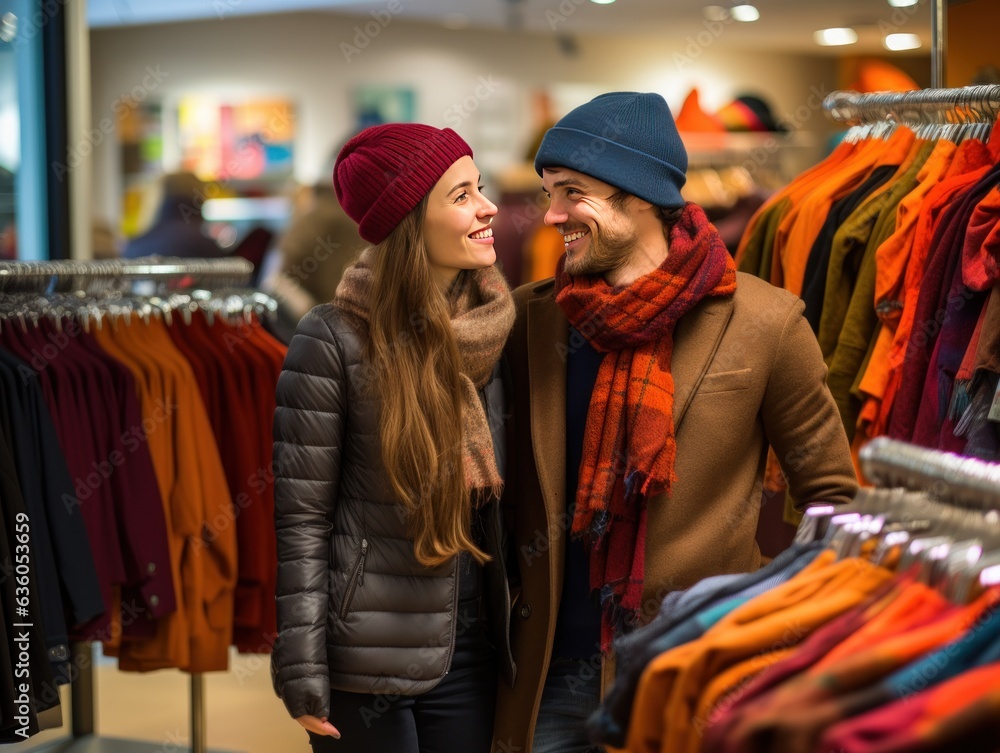 Fotografía de una pareja comprando ropa otoñal, con coloridos pañuelos y sombreros difuminados en el fondo.