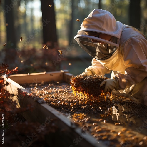 
A beekeeper in a protective net near the apiary pumps out honey for sale. Extraction of bee products from the hive. Sweet food produced by bees, natural product. photo