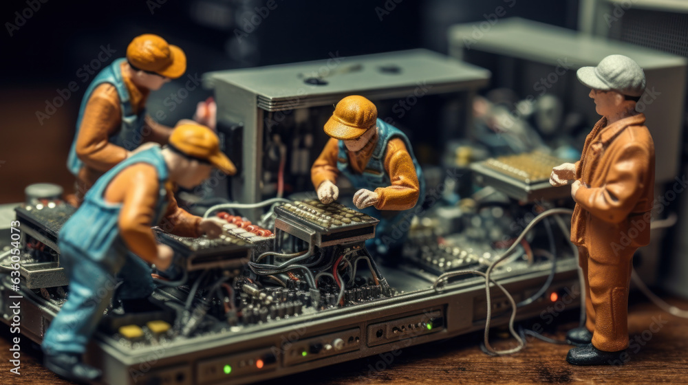 Group of worker figurine doing maintenance on a computer motherboard. Group of worker figurine doing maintenance on a computer motherboard.