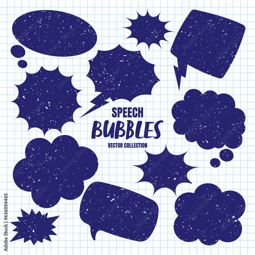 Naklejka premium Hand drawn comic speech bubbles on checkered paper sheet. School notebook for drawing. Grunge retro cartoon stickers. Chatting, message box. Vector illustration