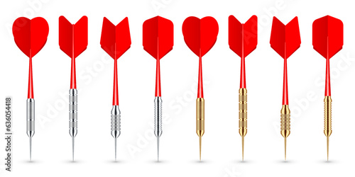 Red dart arrows with metal tip and shadow. Dart throwing sport game, dartboard equipment. Vector illustration