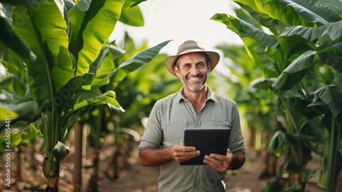 Smiling man in a banana plantation. Farmer using a digital tablet to control the condition of banana plants. Concept of agricultural automation business, smart farming technology, crop management