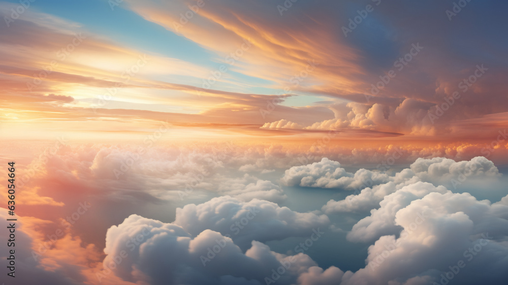 Sunny sky abstract background, beautiful cloudscape, on the heaven, view over white fluffy clouds, AI Generative. Sunny sky abstract background, beautiful cloudscape, on the heaven, view over white fluffy clouds, AI Generative.