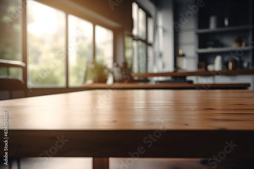 Wooden table with kitchen background with oven  unfocused