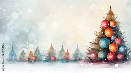 watercolor Christmas Tree With Baubles And Blurred Shiny Lights banner with text space forest christmas tree watercolor