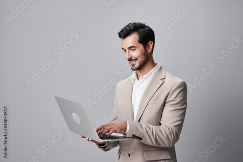 copyspace man smiling business job typing laptop suit internet freelancer computer