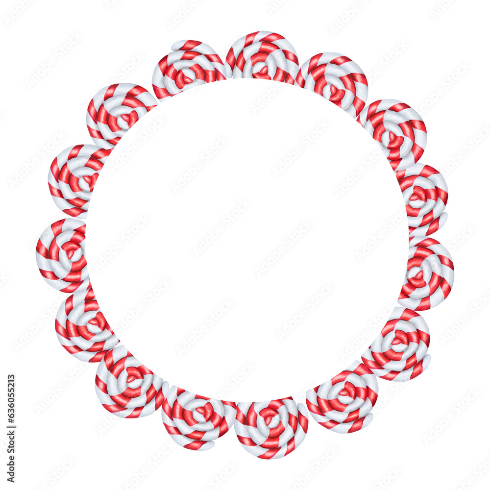 Watercolor frame and logo with christmas candy cane illustration. New year hand painting lollipop isolated on white background. For designers, food decoration, me Watercolor frame and logo with christmas candy cane illustration. New year hand painting lollipop isolated on white background. For designers, food decoration, me
