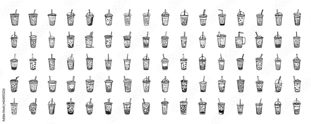 Collection of Bubble Milk Tea with tapioca pearls, isolated on white background. Hand drawn vector illustration. Asian Taiwanese drink. 
