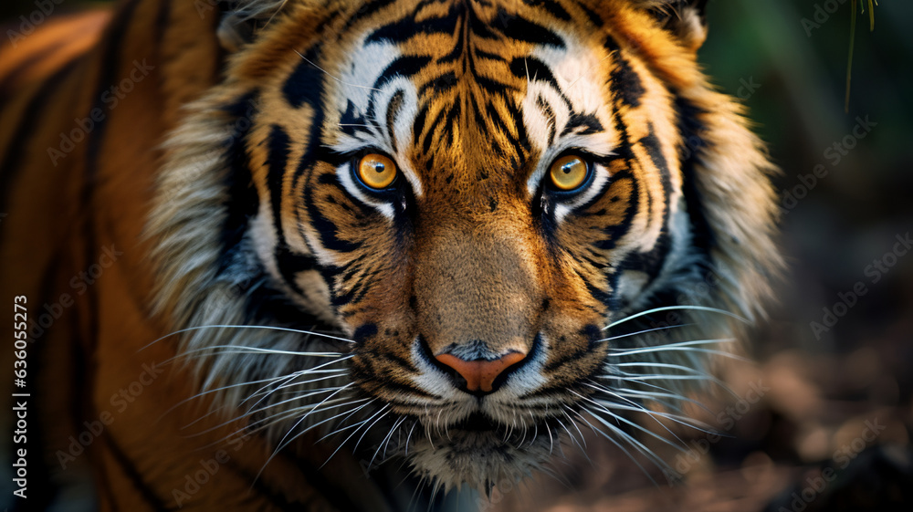 A close-up shot showcasing the piercing gaze of a Tiger, AI Generative. A close-up shot showcasing the piercing gaze of a Tiger, AI Generative.