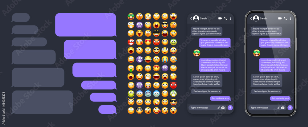 Smartphone messaging app, user interface with emoji. SMS text frame. Chat screen, violet message bubbles. Texting app for communication. Social media application. Dark mode. Vector illustration Smartphone messaging app, user interface with emoji. SMS text frame. Chat screen, violet message bubbles. Texting app for communication. Social media application. Dark mode. Vector illustration