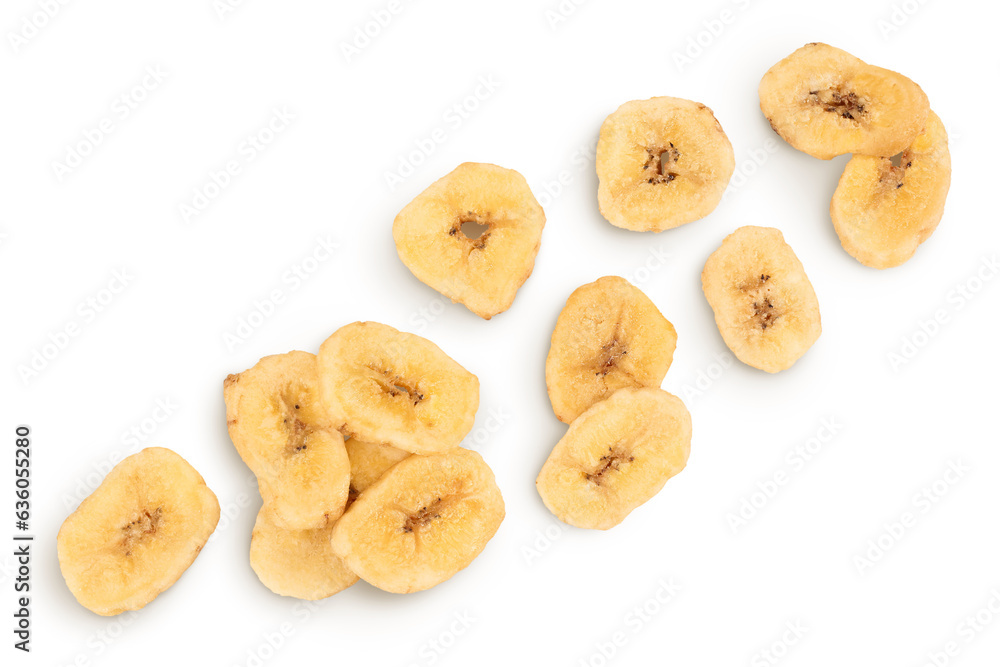 Dried banana chips isolated on white background with full depth of field. Top view. Flat lay Dried banana chips isolated on white background with full depth of field. Top view. Flat lay