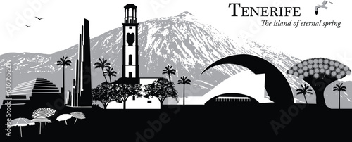 Vector illustration cityscape/skyline of the island of Tenerife, largest of the Canary Islands