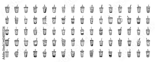 Collection of Bubble Milk Tea with tapioca pearls, isolated on white background. Hand drawn vector illustration. Asian Taiwanese drink. 