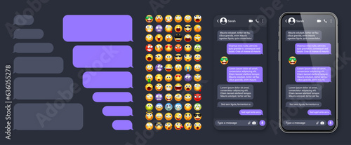 Smartphone messaging app, user interface with emoji. SMS text frame. Chat screen, violet message bubbles. Texting app for communication. Social media application. Dark mode. Vector illustration