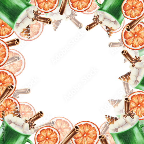 Watercolor frame with Christmas cup of hot drink with marshmallows, cinnamon stick and orange. New year hand painting green mug isolated on white background. Fo