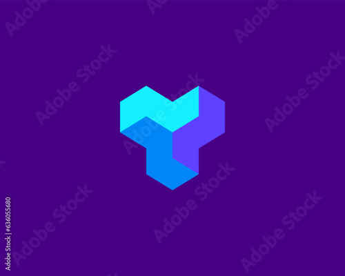Abstract geometric logo from cubes. Bright gradient Y letter sign. Creative building construction icon. Vector illustration.