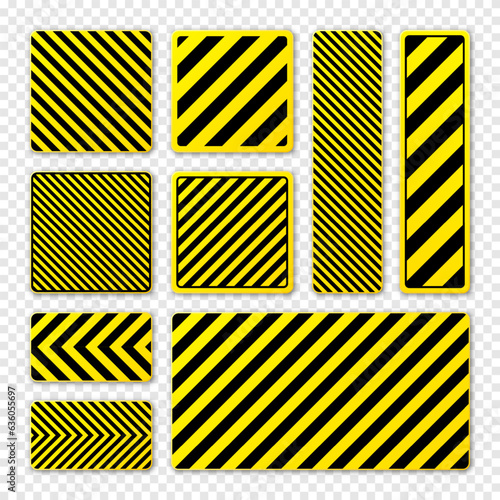 Various black and yellow warning signs with diagonal lines. Attention, danger or caution sign, construction site signage. Realistic notice signboard, warning banner, road shield. Vector illustration