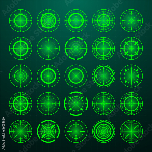 Crosshair, gun sight vector icons. Bullseye, black target or aim symbol. Military rifle scope, shooting mark sign. Targeting, aiming for a shot. Archery, hunting and sports shooting. Game UI element.