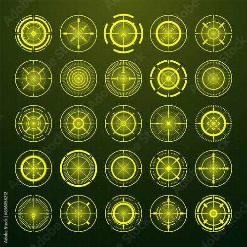 Crosshair, gun sight vector icons. Bullseye, black target or aim symbol. Military rifle scope, shooting mark sign. Targeting, aiming for a shot. Archery, hunting and sports shooting. Game UI element.