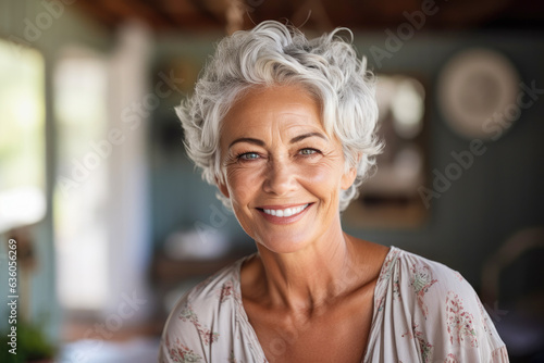 Beautiful senior woman of Caucasian ethnicity or European descent in her sixties, smiling, expressing positivity, confidence and joy.