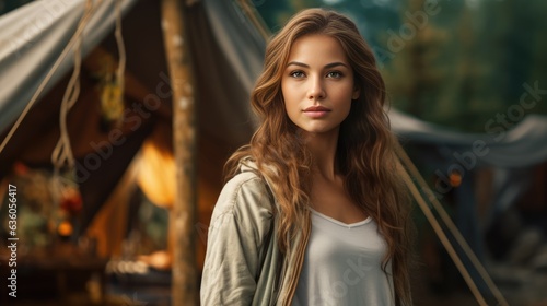 attractive young lady posing in front of a tent in a northern forest.