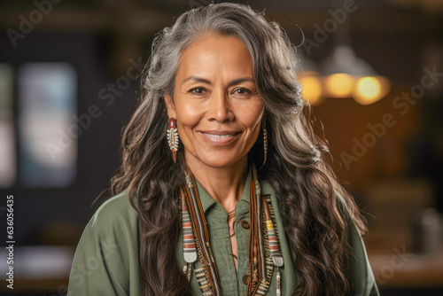 Fototapeta Beautiful middle-aged Native American woman in her fifties, smiling, expressing