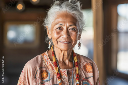 Beautiful senior Native American woman, in her sixties, smiling, expressing positivity, confidence and joy.