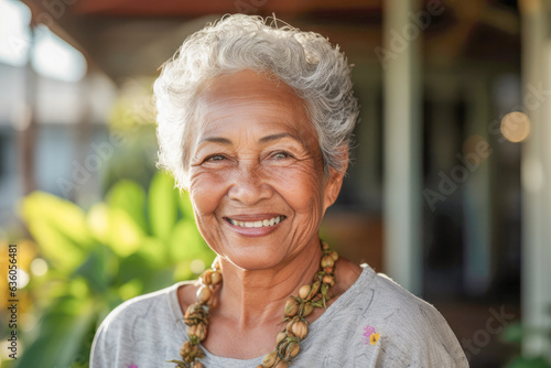 Beautiful senior woman of Pacific Islander ethnicity, in her seventies, smiling, expressing positivity, confidence and joy. photo