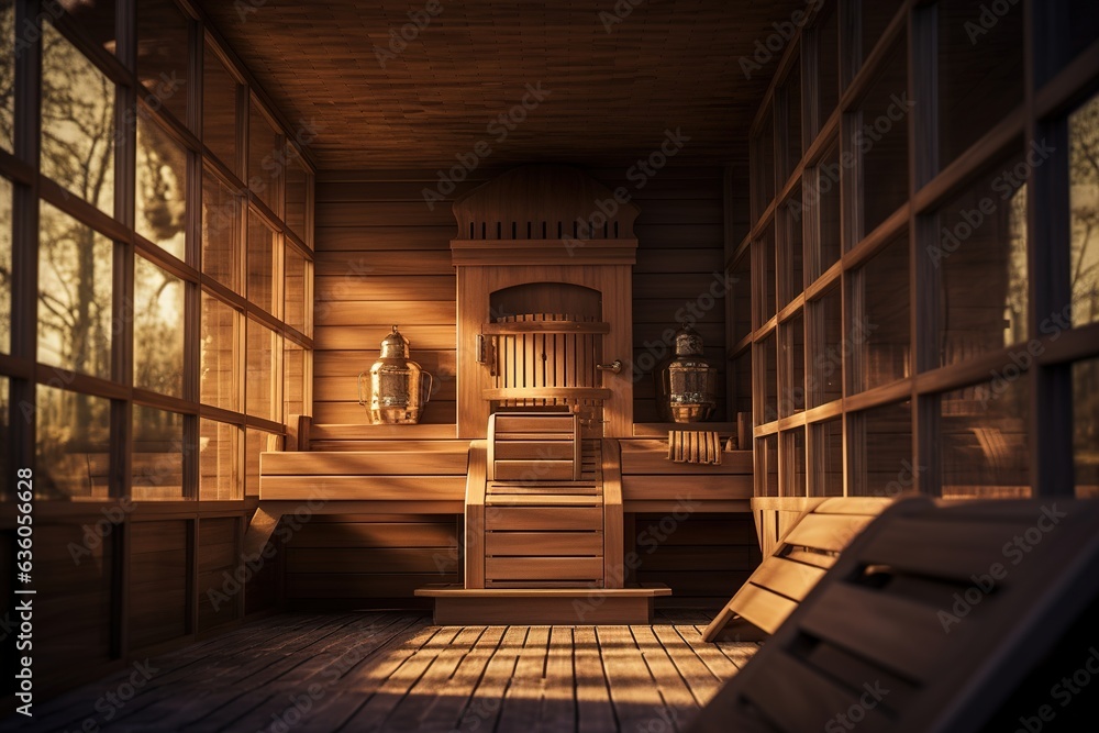 interior of a beautiful wooden sauna in a cottage