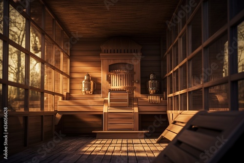 interior of a beautiful wooden sauna in a cottage