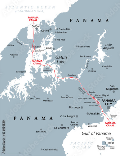Panama Canal, gray political map. Artificial waterway in Panama, connecting Atlantic Ocean (Caribbean Sea) with Pacific Ocean, cutting across the Isthmus of Panama, reducing the travel time for ships.