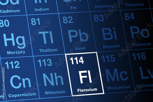 Flerovium on periodic table of elements. Extremely radioactive, superheavy, synthetic transactinide element. Element symbol Fl, atomic number 114. Named after the Flerov Laboratory in Dubna, Russia. photo