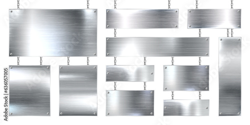 Metal banners hanging on a chain. Realistic shiny steel plate with screws. Polished silver metal surface. Vector illustration
