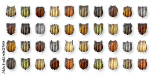 Set of wooden vintage shield icons. Black heraldic shields. Protection and security symbol, label. Vector illustration