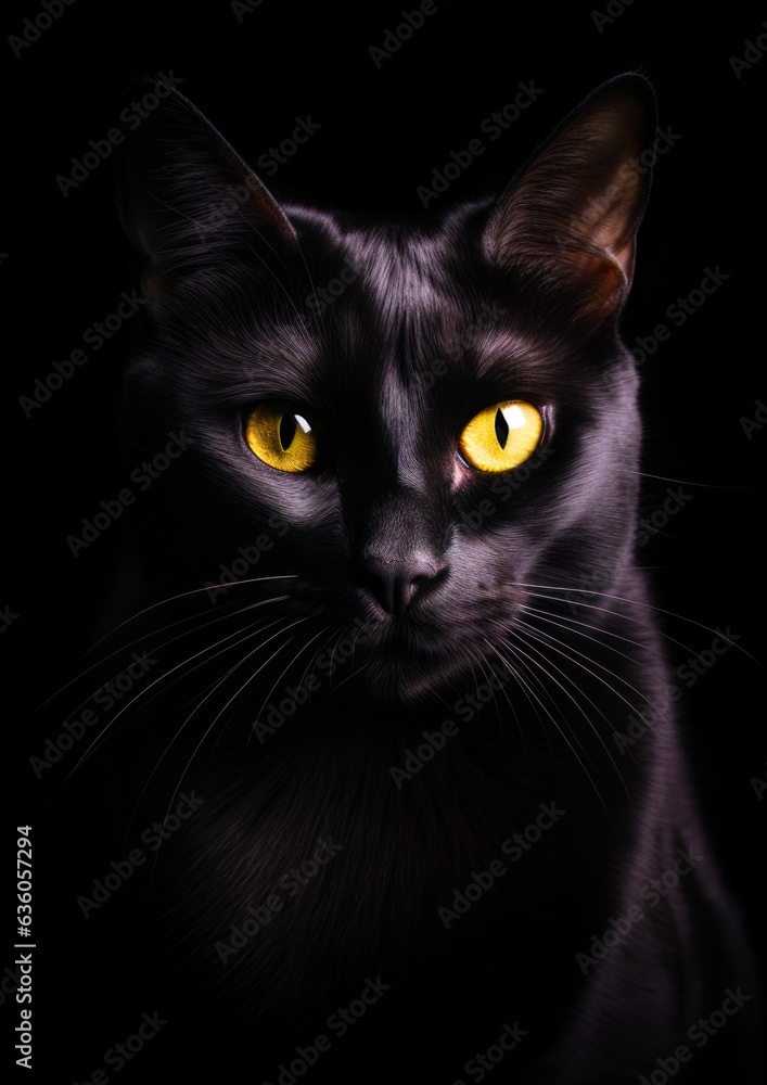 Animal portrait of a black cat on a black background conceptual for frame