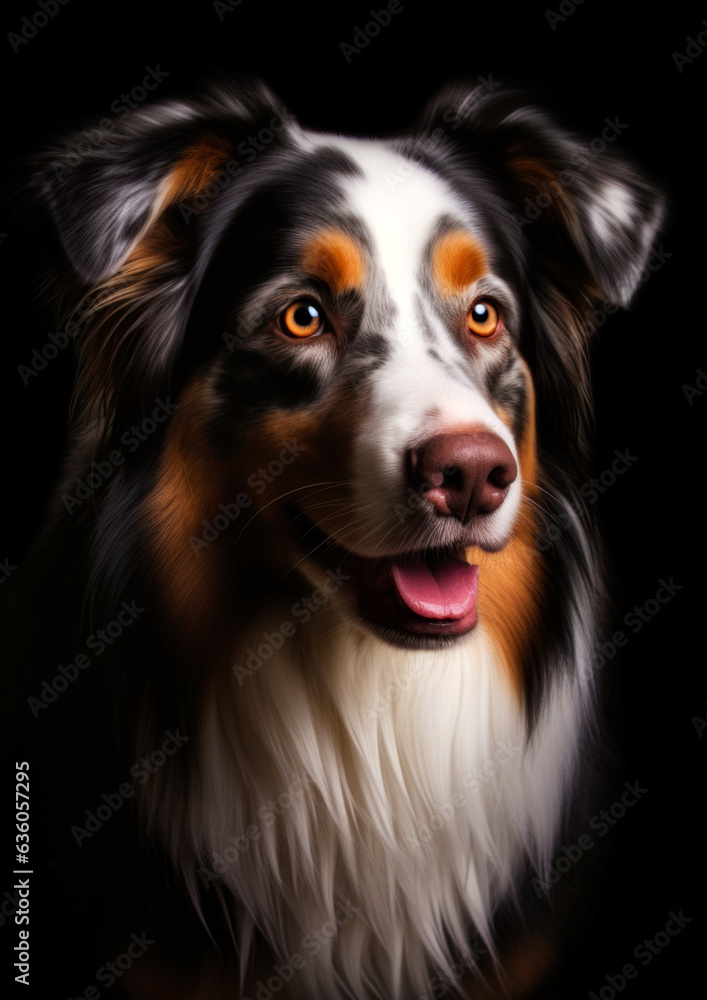 Animal portrait of a australian shepard dog on a black background conceptual for frame Animal portrait of a australian shepard dog on a black background conceptual for frame