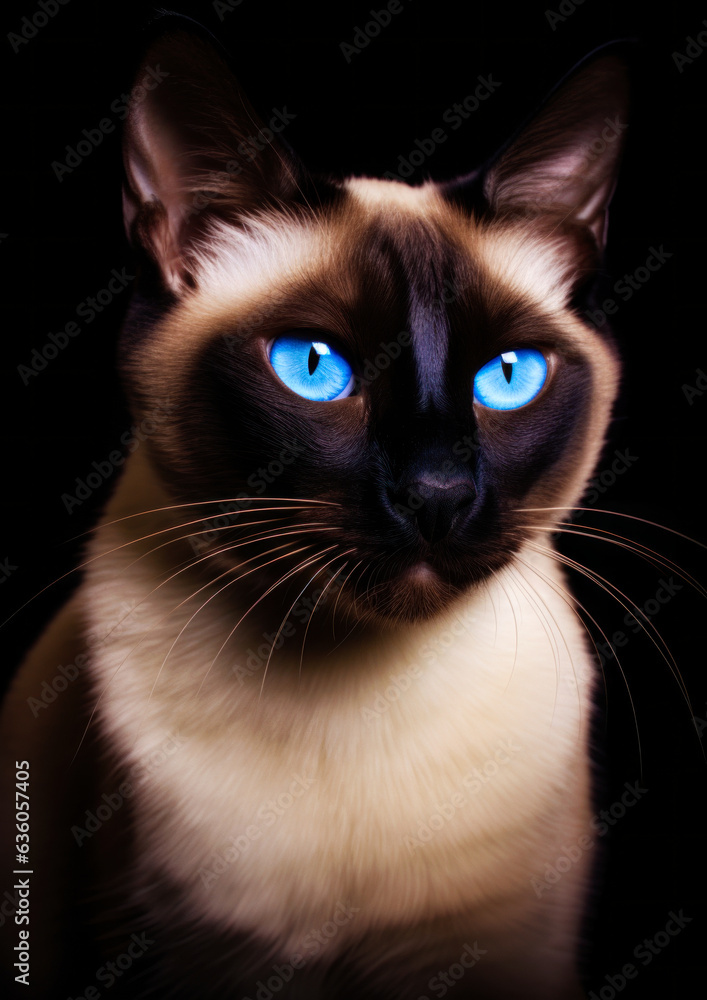Animal portrait of a siamese cat on a black background conceptual for frame